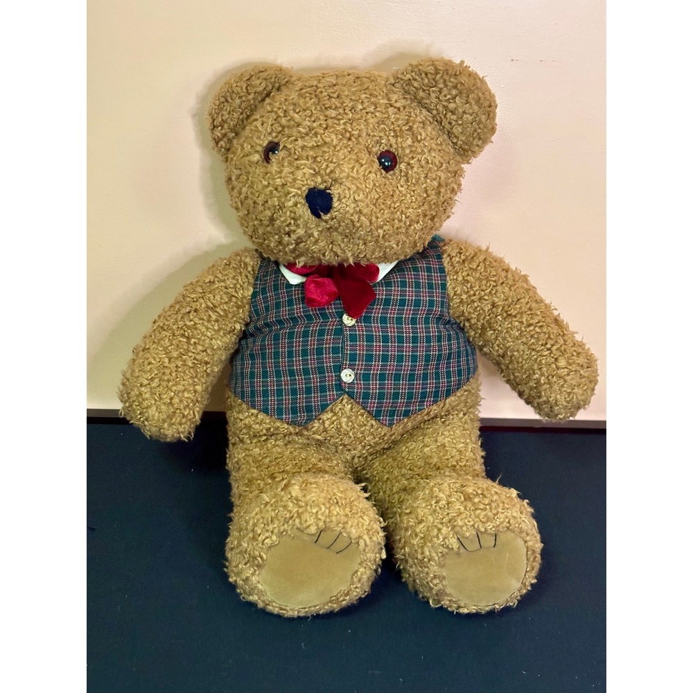 Vintage JCPenney Holiday Collection Teddy Bear Plaid Vest Bow Tie Plush 18"